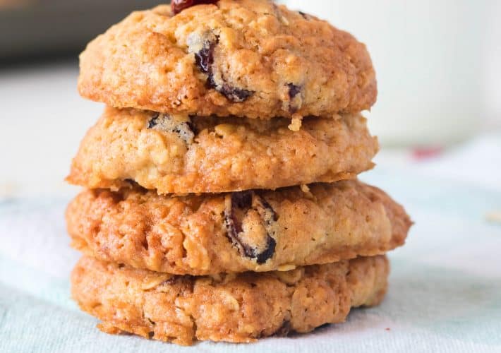 Cherry Almond Oatmeal Cookies stacked.