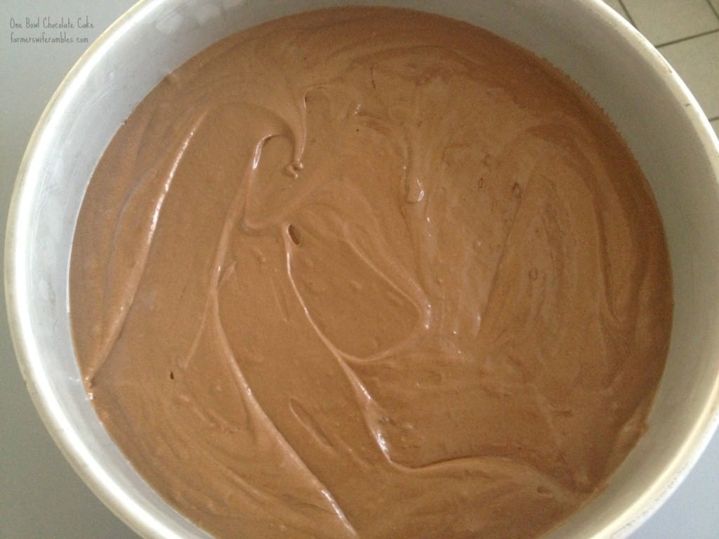A made from scratch chocolate cake in a round baking pan.