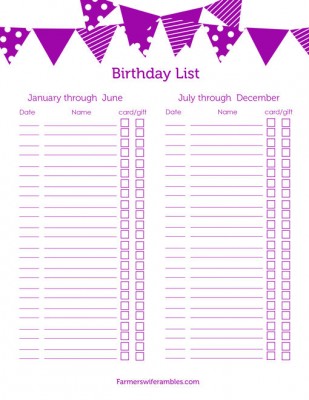 birthday list printable