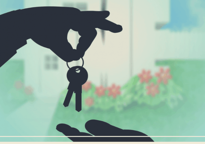 Silhouette hands with keys and a house in the background.