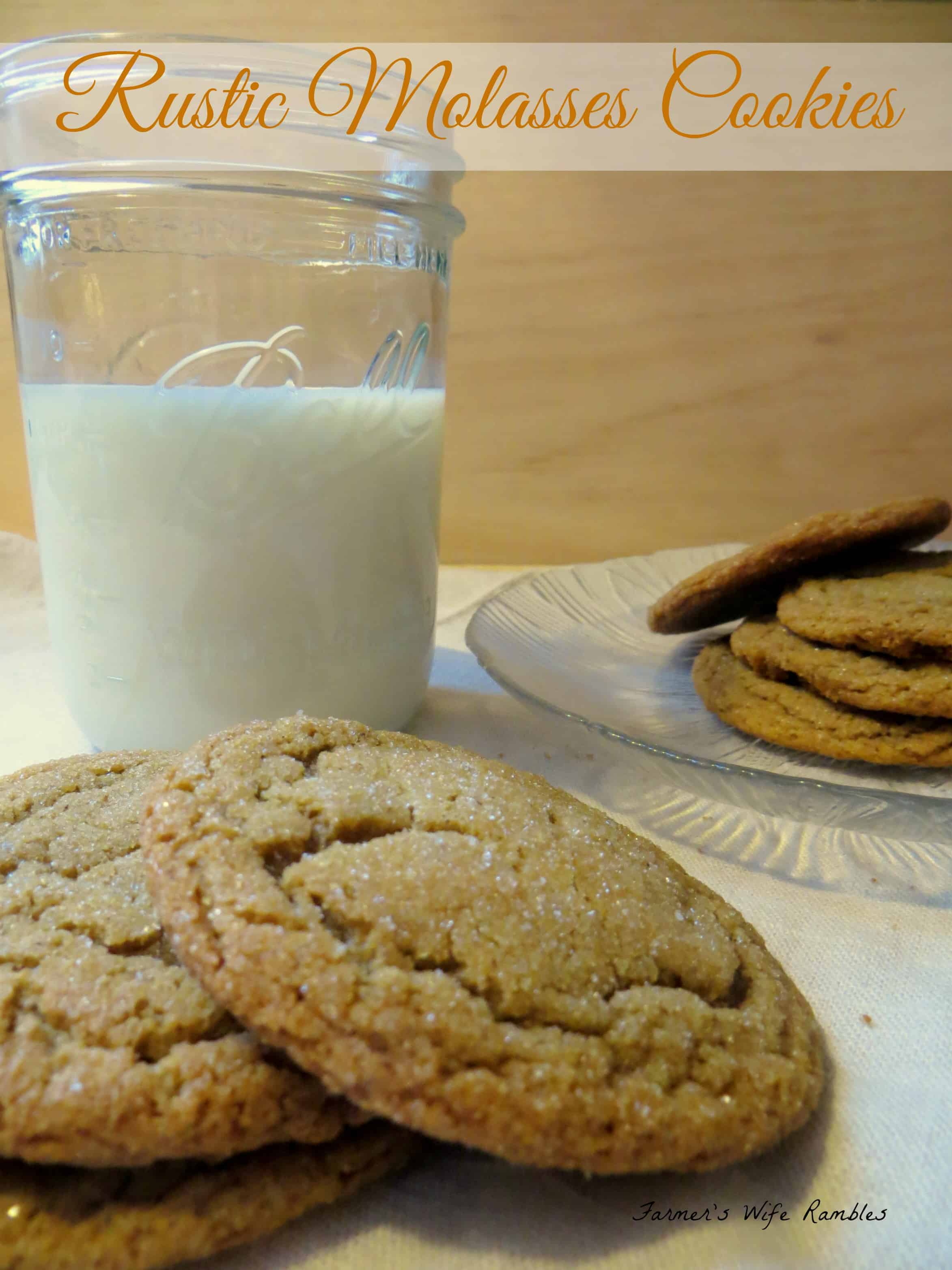 Rustic Molasses Cookies on a plate with a glass of milk in the background.