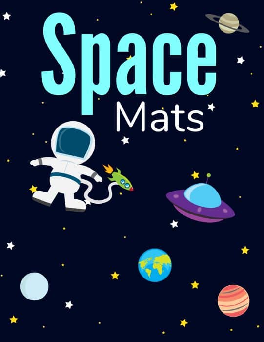 Image with Space Mats in big letters and an astronaut with planets on a dark blue background. 