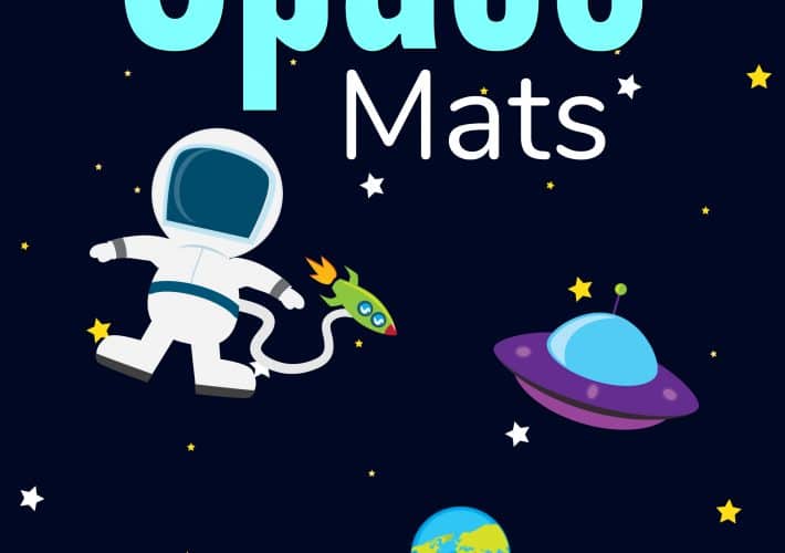 Image with Space Mats in big letters and an astronaut with planets on a dark blue background.