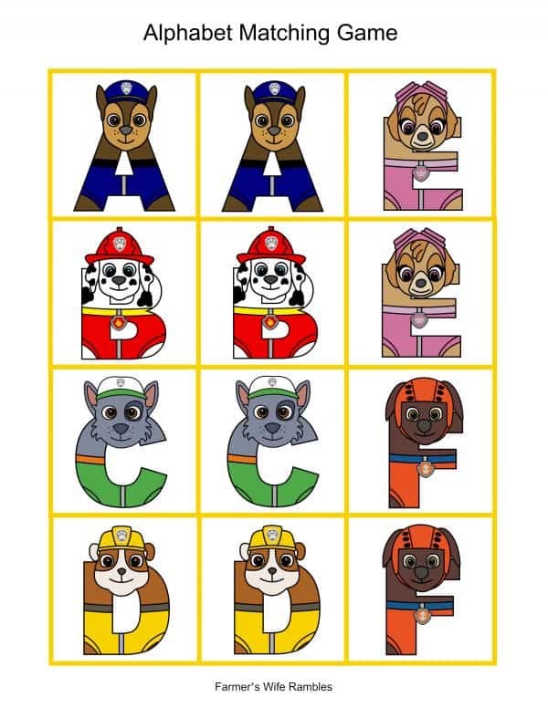 Printable matching game cards with rescue pups as part of the letters.