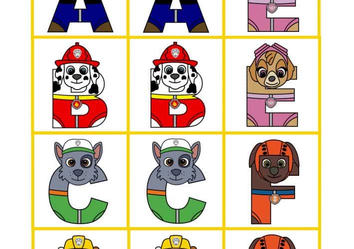 Printable matching game cards with rescue pups as part of the letters.