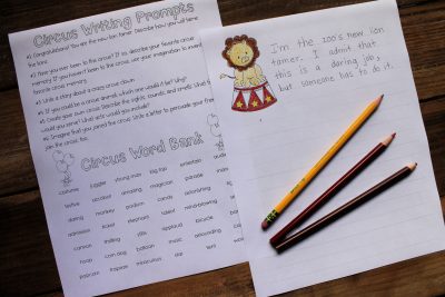 A picture of circus writing prompts with a lion.