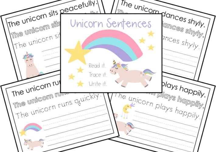 Collage of sentence practice with unicorn theme.