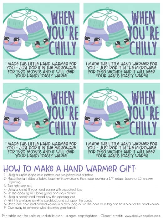 Printable to attach to homemade handwarmers to give as gifts.