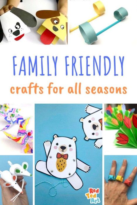 A photo collage of family friendly crafts for all seasons and ages.